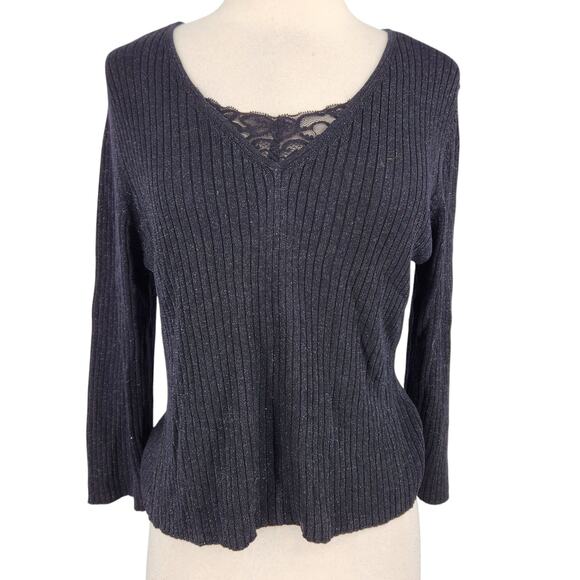 Kate Landry Silk & Metallic Knit Ribbed Sweater Lace V Neckline Size Large - Picture 1 of 6
